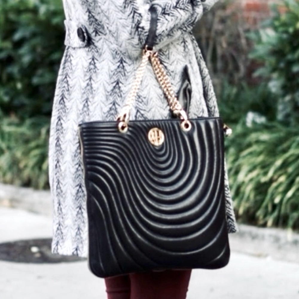 henri bendel Black Quilted Leather Tote with Gold Chain Handles